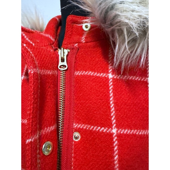 J. Crew Chateau Parka Red White Windowpane Plaid Removable Faux Fur Collar Coat - Picture 6 of 16